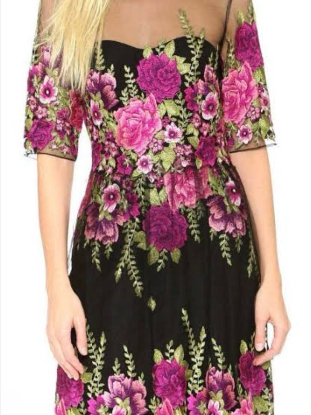 Marchesa Black Mesh Dress with Pink Floral Embroidery
